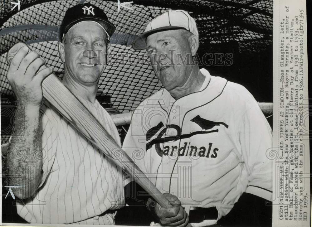 1959 Press Photo Baseball &quot;Old Timers&quot; Enos Slaughter, Rogers Hornsby in NY- Historic Images