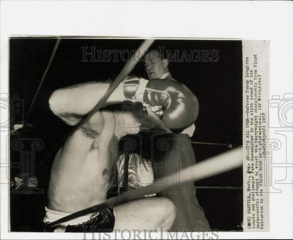 1957 Press Photo Referee counts out Pete Rademacher during Seattle boxing bout- Historic Images