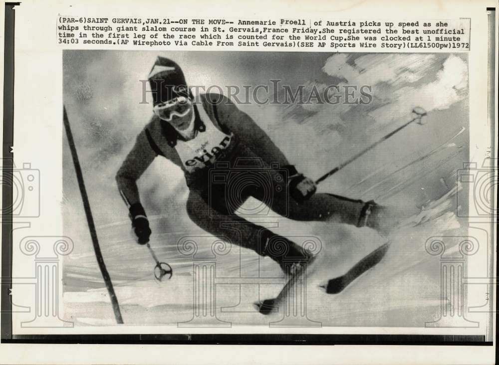 1972 Press Photo Austrian skier Annemarie Proell whips through course in France- Historic Images