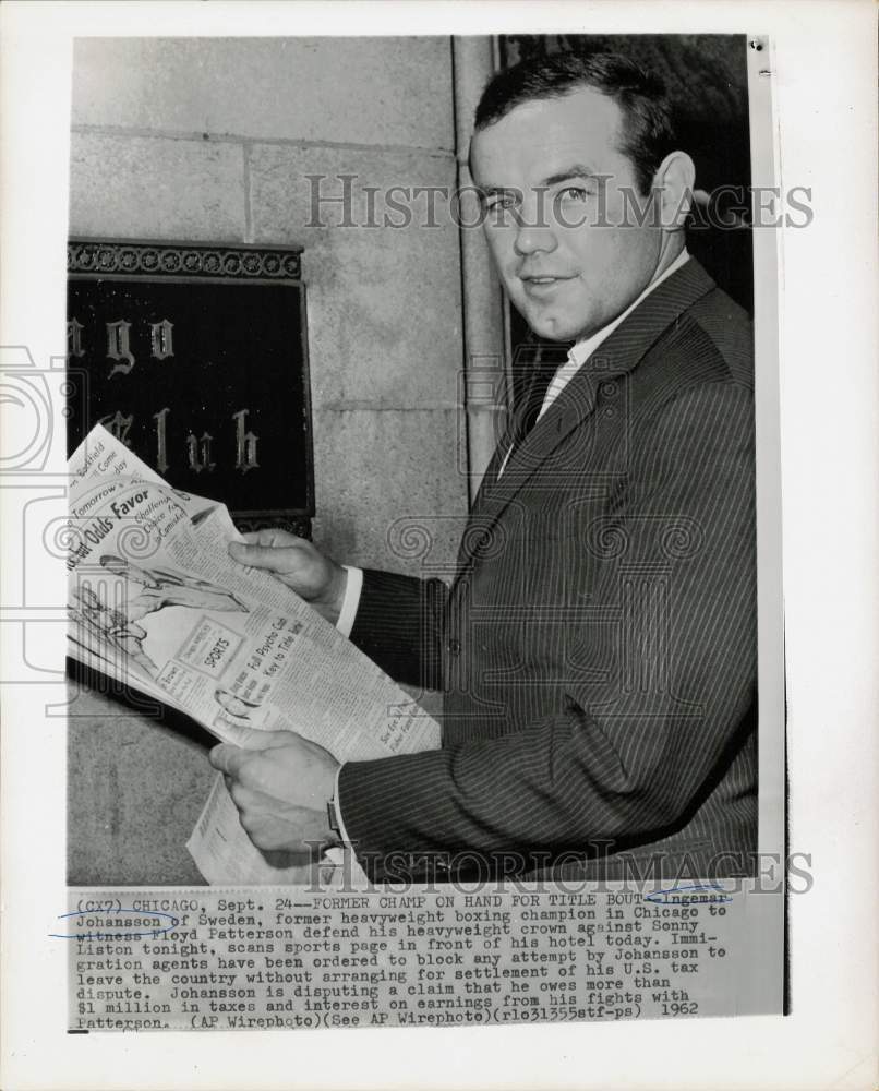 1962 Press Photo Boxer Ingemar Johansson in Chicago to watch Patterson bout- Historic Images