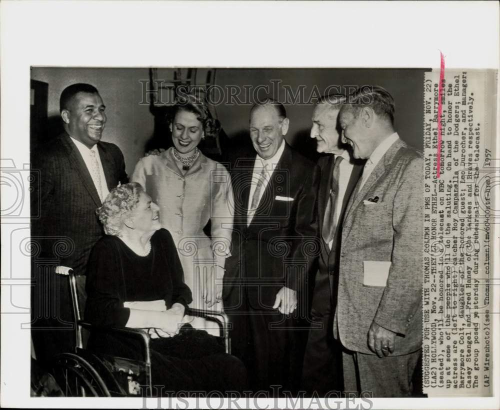 1957 Press Photo Ethel Barrymore poses with family and friends in Hollywood.- Historic Images