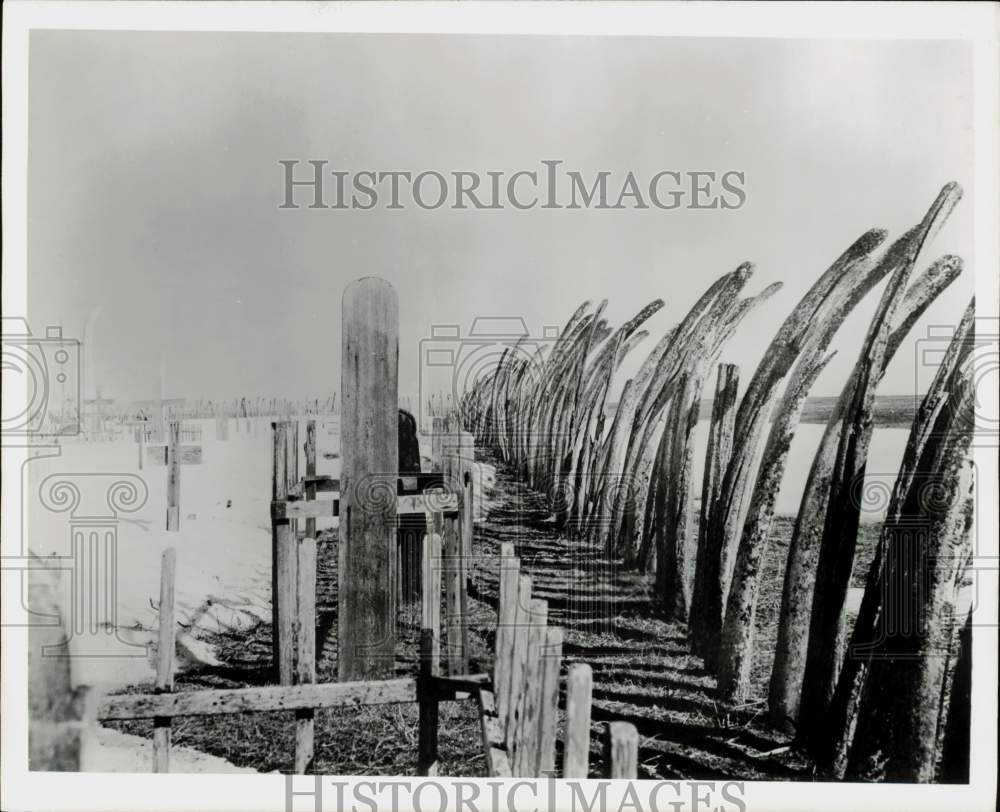 1965 Press Photo Whale ribs &quot;picket fence&quot; encloses Pt. Hope, Alaska cemetery.- Historic Images