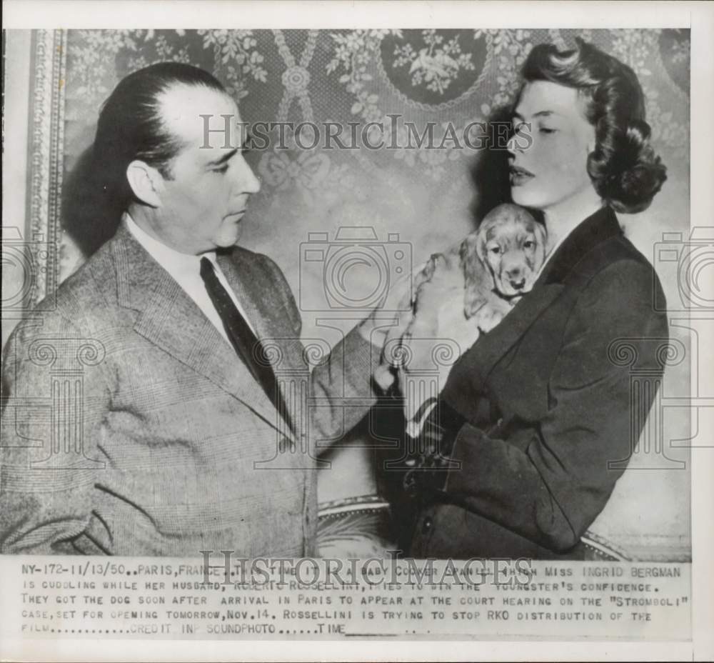 1950 Press Photo Ingrid Bergman with husband Roberto Rossellini &amp; their puppy- Historic Images