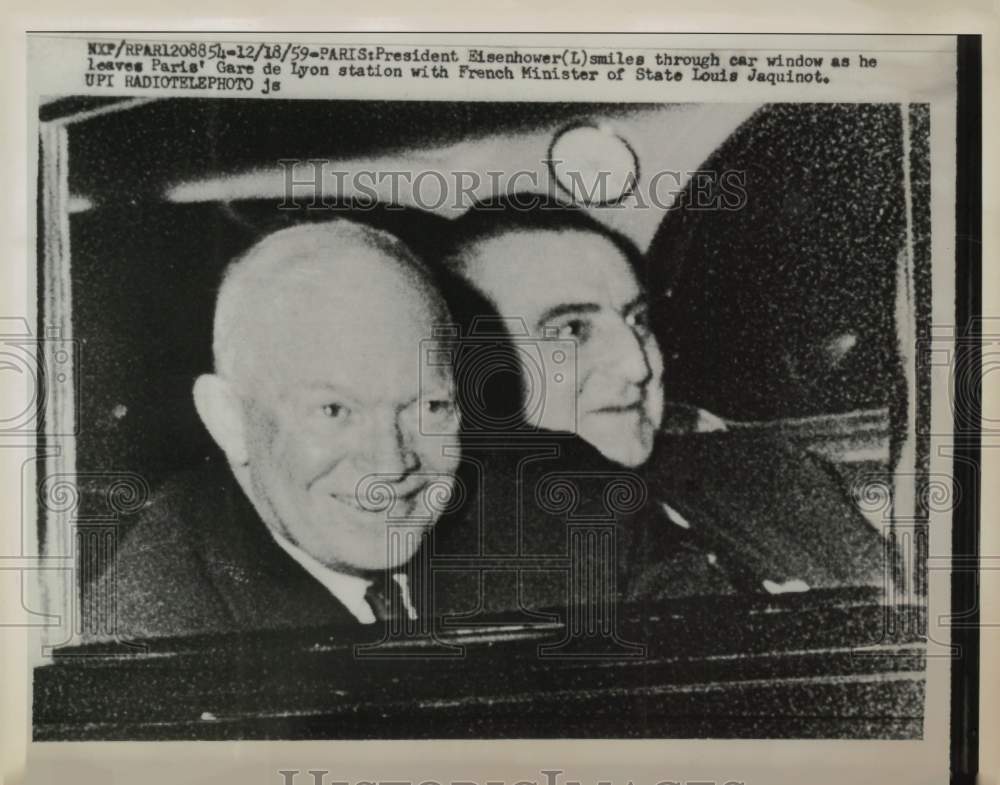 1959 Press Photo President Eisenhower and Louis Jaquinot leave Paris station- Historic Images