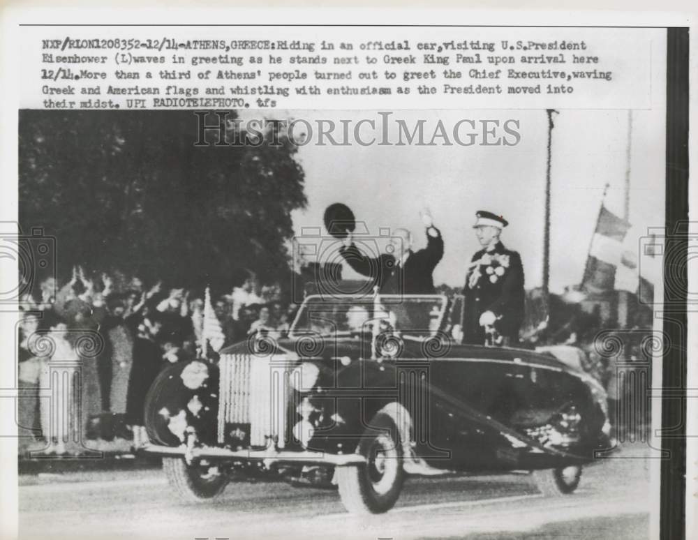 1959 Press Photo President Eisenhower and King Paul greets crowd in Athens- Historic Images