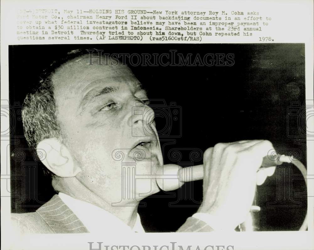 1978 Press Photo Attorney Roy Cohn speaks at Ford Motor meeting in Detroit- Historic Images