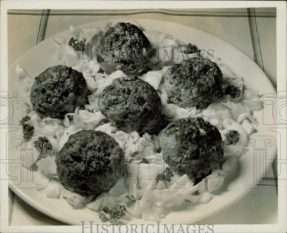 Press Photo Plate of meat balls and noodles. - kfa13743- Historic Images