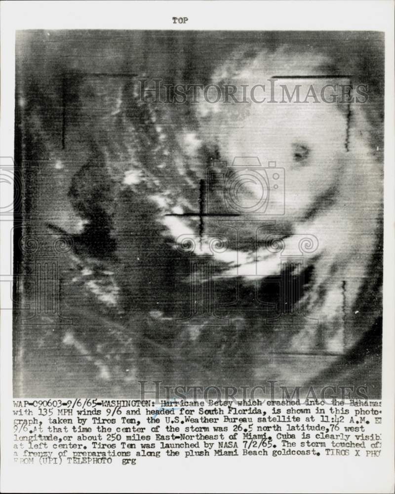 1965 Press Photo Hurricane Betsy shown 250 miles East-Northeast of Miami.- Historic Images