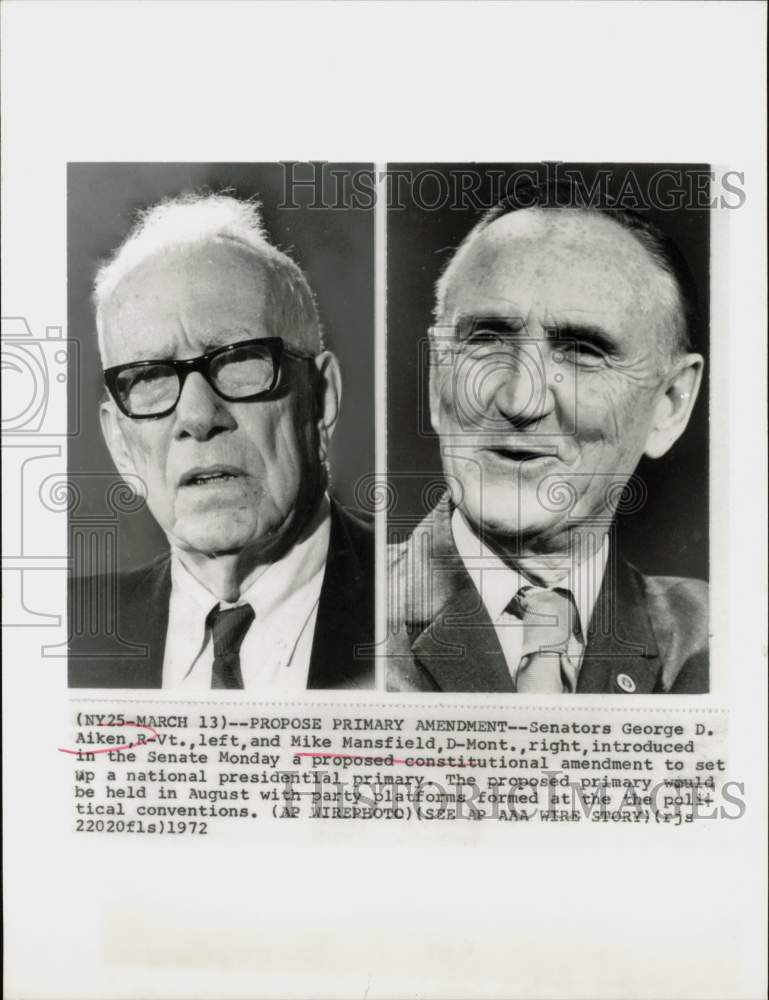 1972 Press Photo Senators George Aiken and Mike Mansfield in Washington- Historic Images