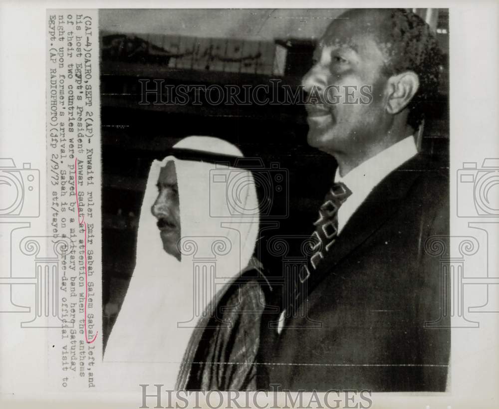 1973 Press Photo Kuwait&#39;s Emir Sabah Salem Sabah and Pres. Anwar Sadat in Cairo- Historic Images