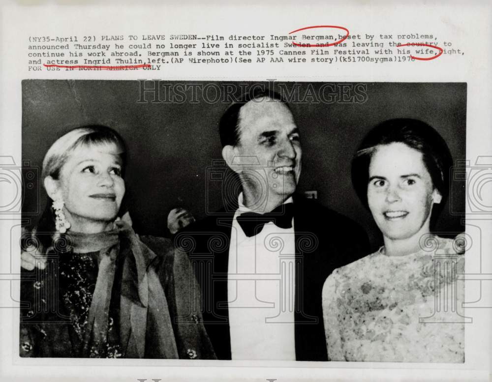 1975 Press Photo Ingmar Bergman with his wife & Ingrid Thulin at Cannes Festival- Historic Images