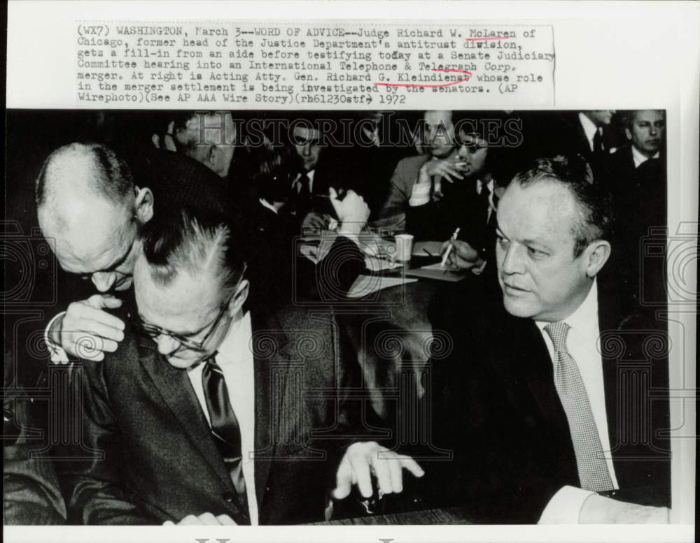 1972 Press Photo Richard McLaren and Richard Kleindienst at Senate hearing- Historic Images