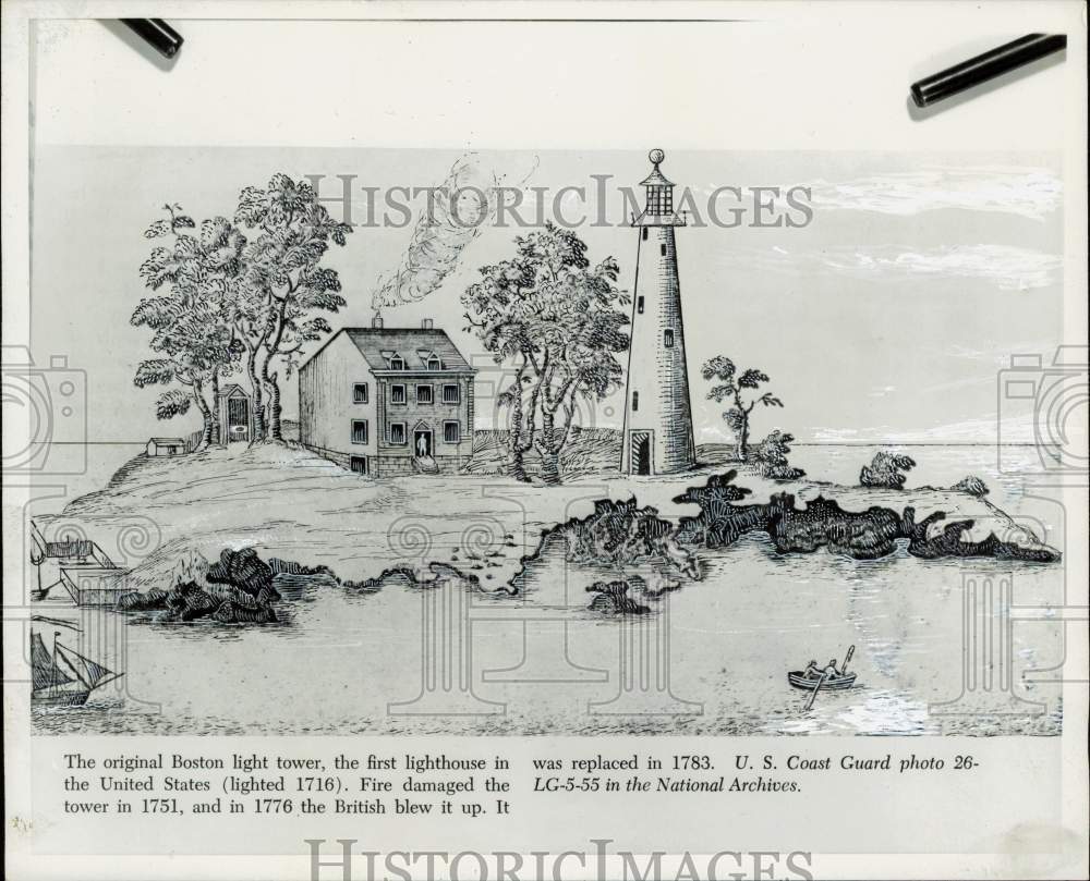 1972 Press Photo Drawing of original Boston light tower - kfa31564- Historic Images