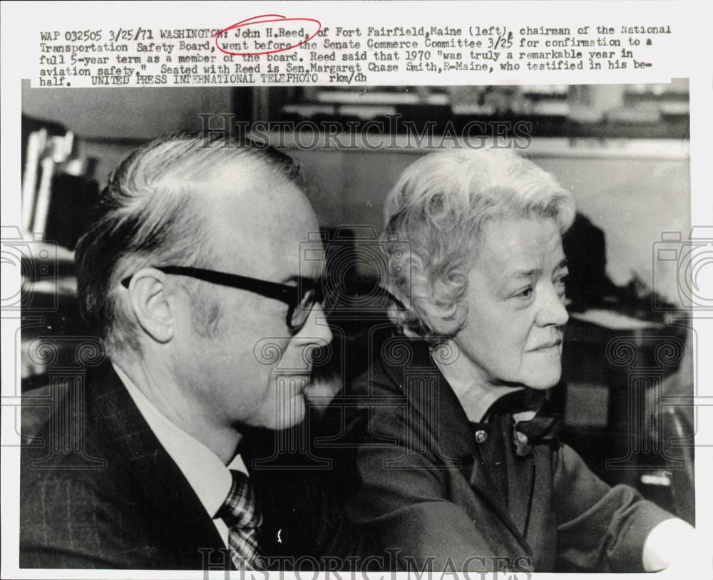 1971 Press Photo NTSB chairman John H. Reed & Sen. Margaret Chase Smith in Wash.- Historic Images