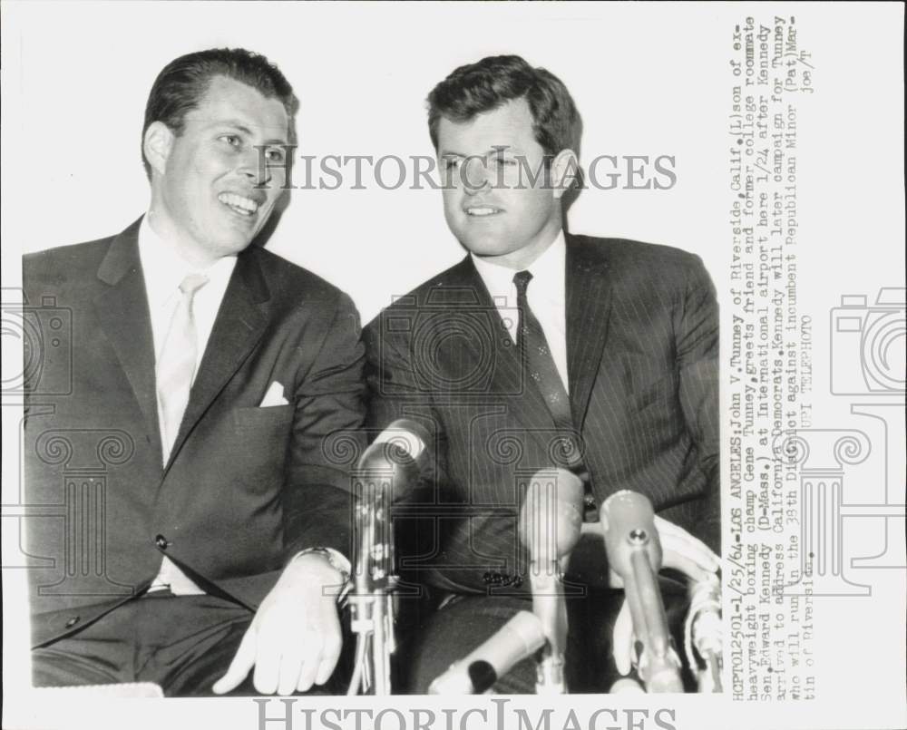 1964 Press Photo John V. Tunney with Sen. Edward Kennedy at Int&#39;l Airport, L.A.- Historic Images