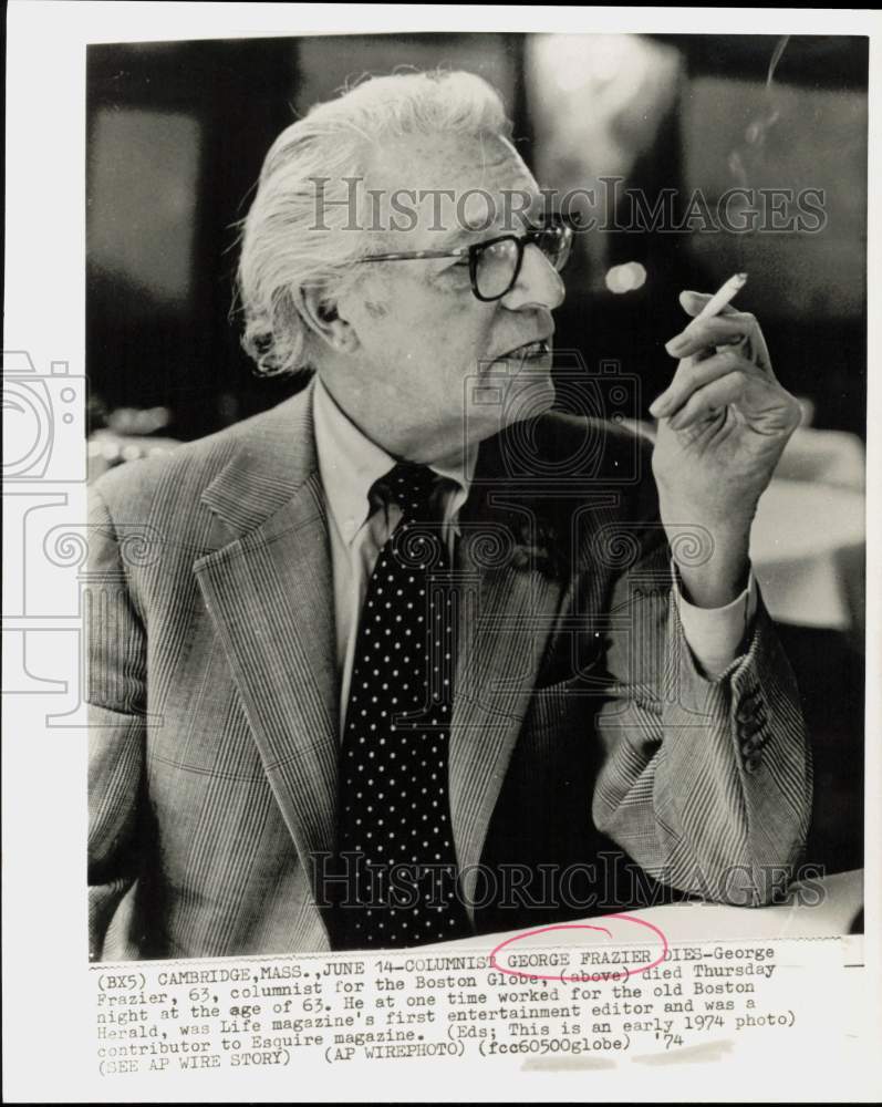 1974 Press Photo Boston Globe columnist George Frazier smoking a cigarette- Historic Images