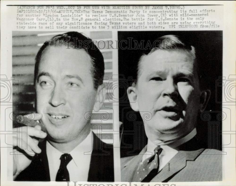 1966 Press Photo Senator John Tower and Waggoner Carr campaign at Austin, Texas- Historic Images