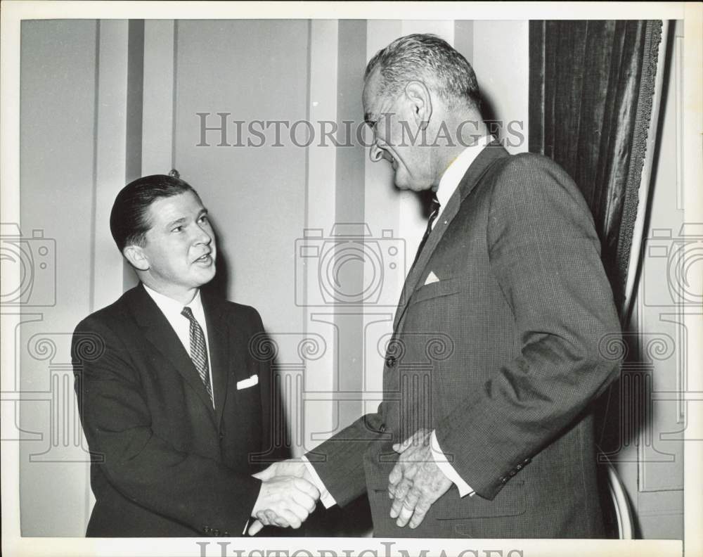 1961 Press Photo Senator John G. Tower congratulated by Vice Pres. Johnson in DC- Historic Images