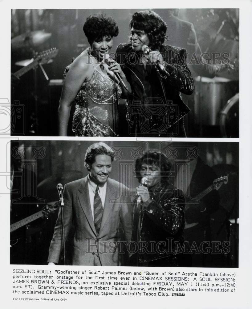 Press Photo James Brown sings with Aretha Franklin and Robert Palmer in Detroit- Historic Images