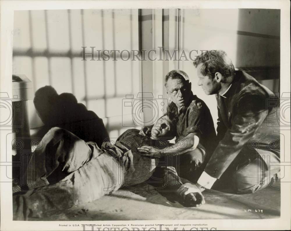 1958 Press Photo Actor Mickey Rooney &amp; Co-Star, Beside Injured Man - kfp11486- Historic Images