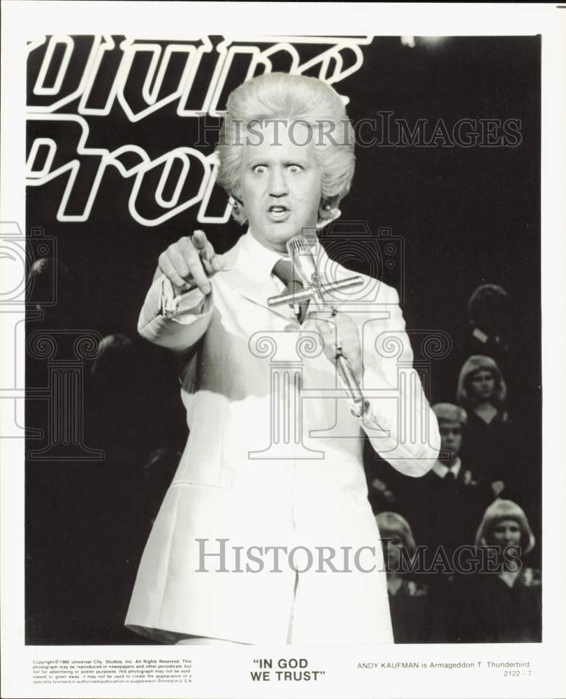 1980 Press Photo Andy Kaufman is Armageddon T. Thunderbird in &quot;In God We Trust&quot;- Historic Images