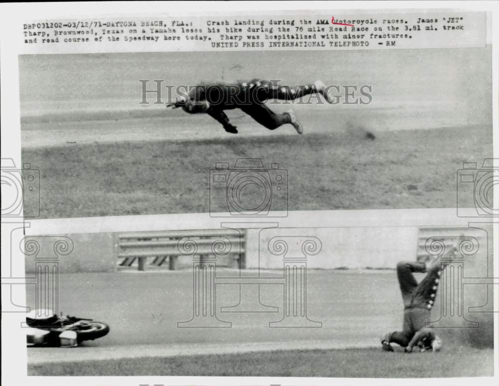 1971 Press Photo James &quot;Jet&quot; Tharp crashing his motorcycle in Daytona Beach- Historic Images