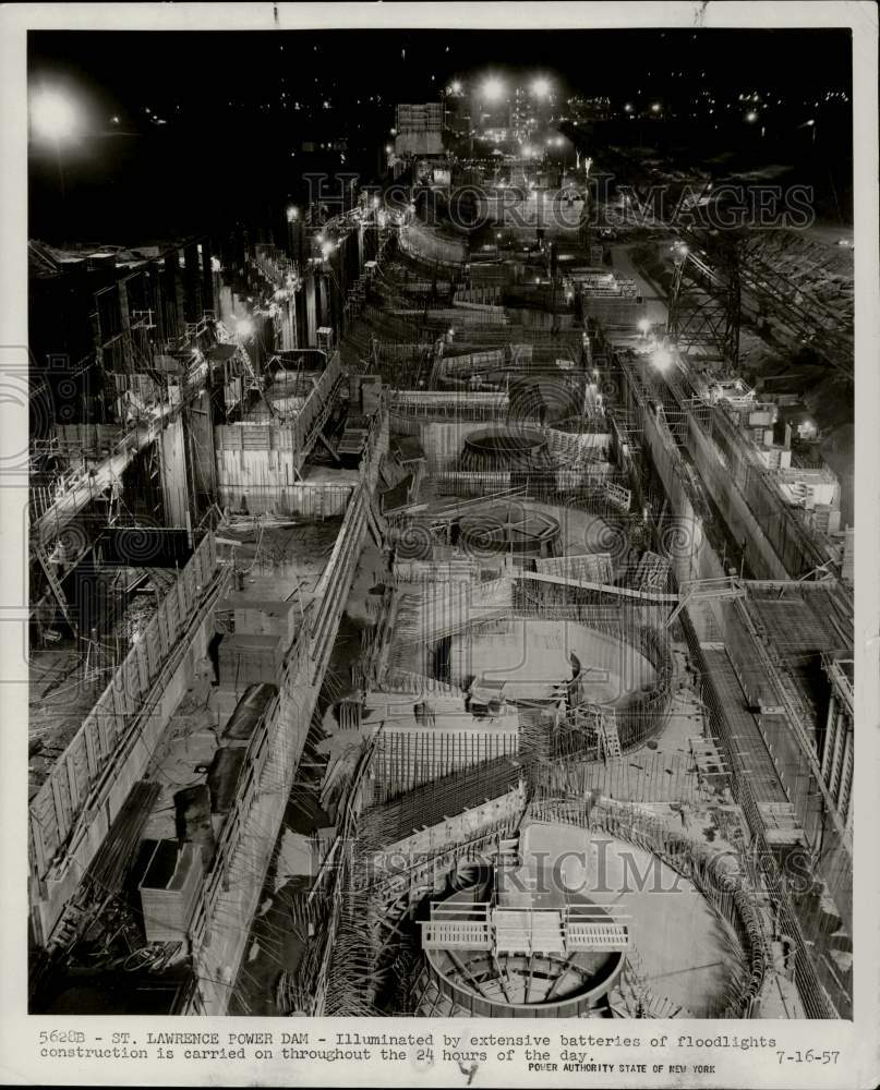 1957 Press Photo Nighttime View of St. Lawrence Power Dam Construction Site- Historic Images