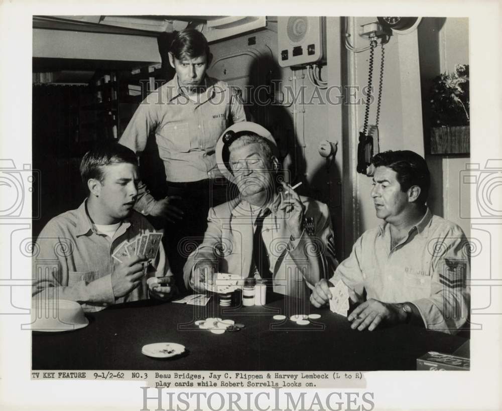 1962 Press Photo Actors portraying naval sailors play cards - kfx18750- Historic Images