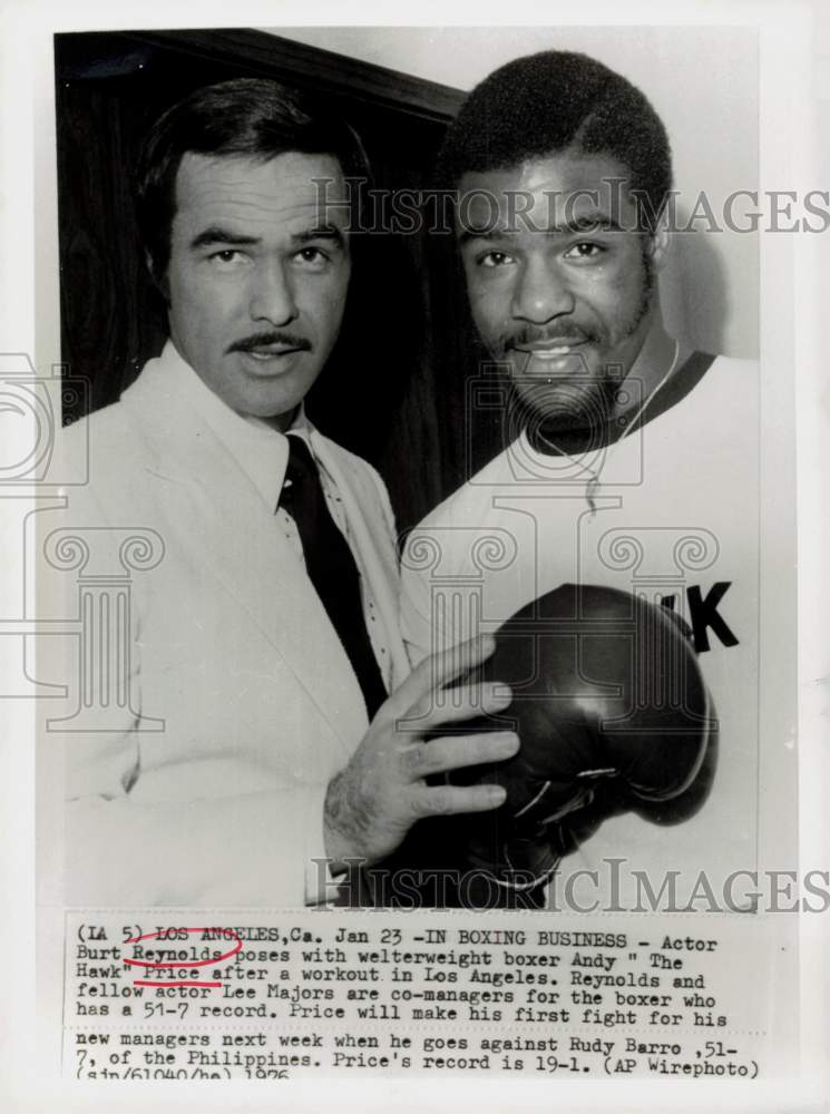 1976 Press Photo Actor Burt Reynolds &amp; Boxer Andy Price, Los Angeles - kfx21421- Historic Images