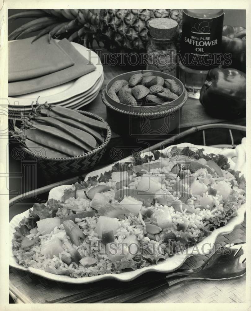 Press Photo Platter of rice, pineapple, celery and snap peas - kfx26955- Historic Images