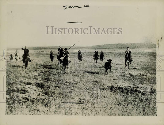 1926 Press Photo Society Members Chasing Bull in Spain - kfx29087- Historic Images