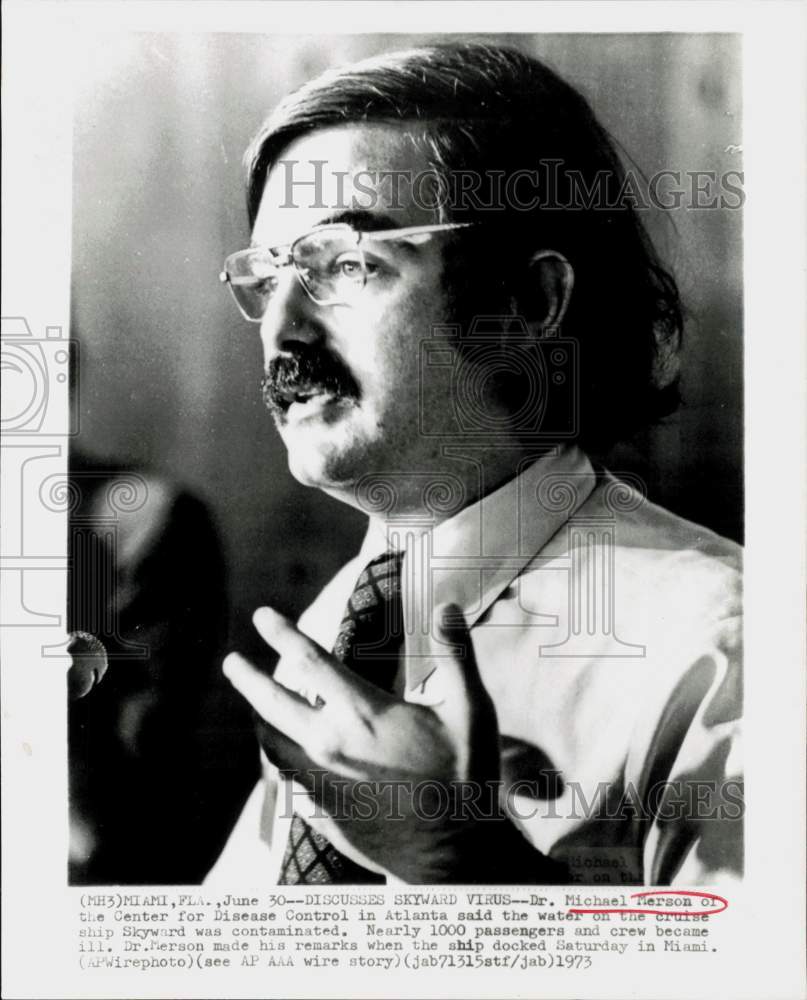 1973 Press Photo Dr. Michael Merson Talks Virus from Water on Ship Skyward, GA- Historic Images