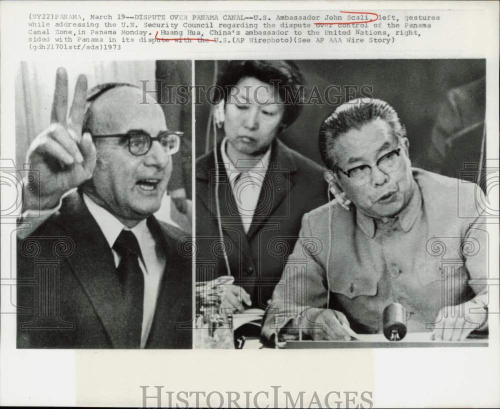 1973 Press Photo John Scali and Huang Hua speaks at United Nations meeting- Historic Images