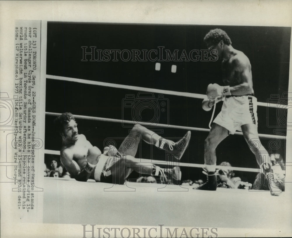 1973 Press Photo Jose Napoles Stands Over Clyde Gray as He Hits Canvas- Historic Images