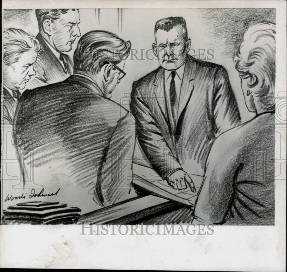 1964 Press Photo Sketch by Woodi Ishmael depicts the scene in Dallas court- Historic Images