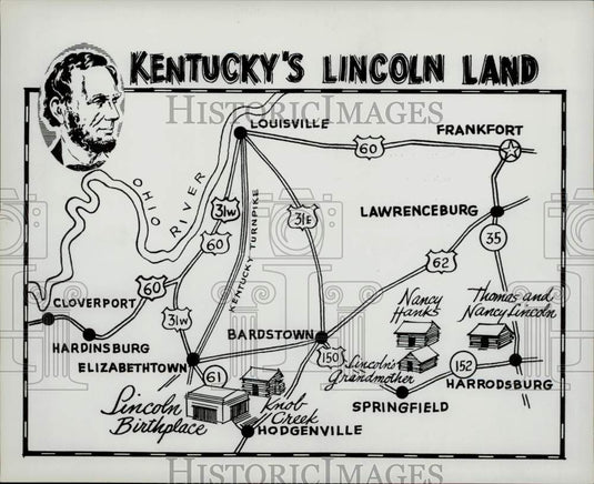 1958 Press Photo Map retracing Lincoln family's steps in Kentucky - lra17493- Historic Images