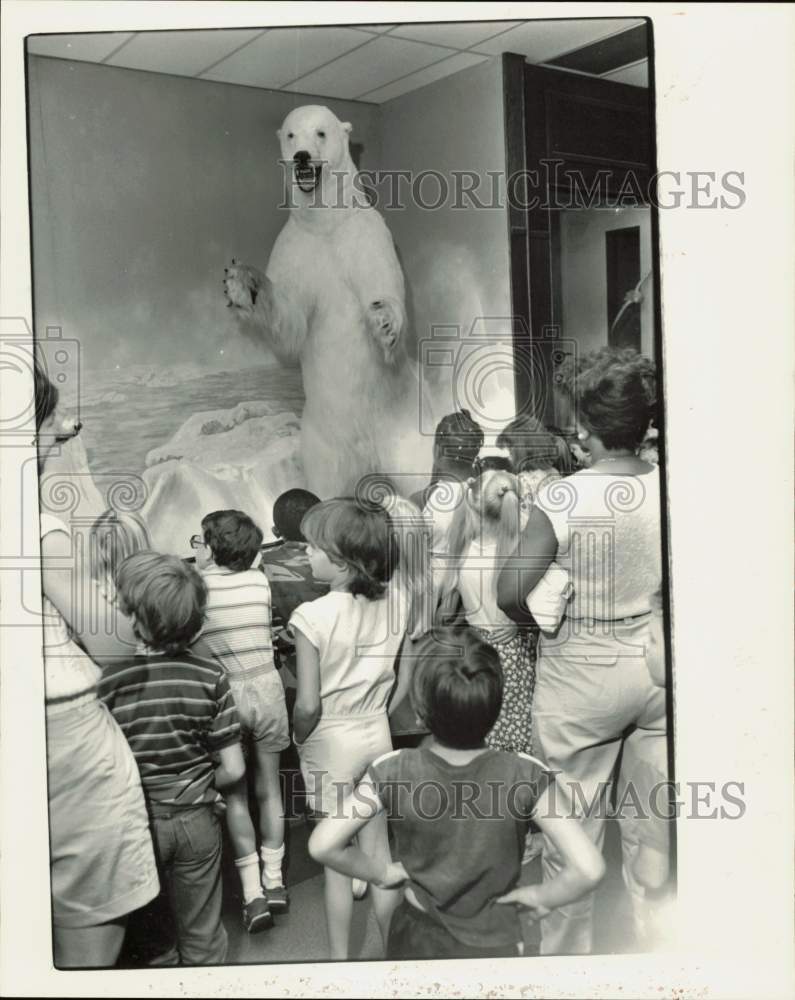 1986 Press Photo Great Falls students admire stuffed polar bear at York Museum- Historic Images