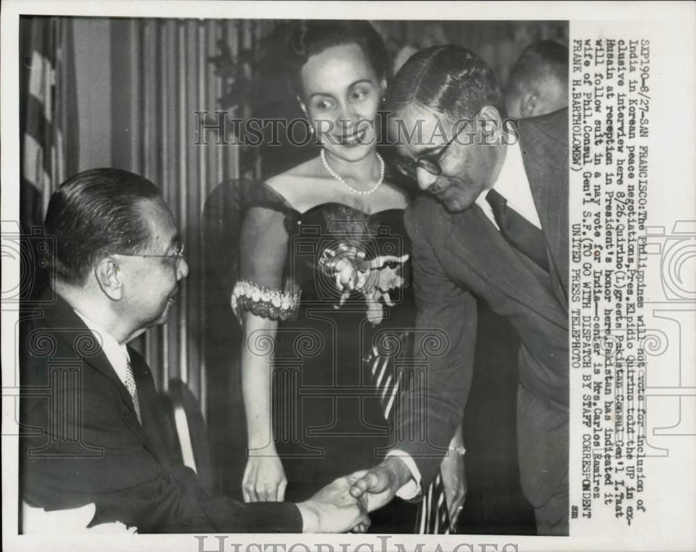 Press Photo Elpidio Quirino greets I. Taat Husain at reception in San Francisco- Historic Images