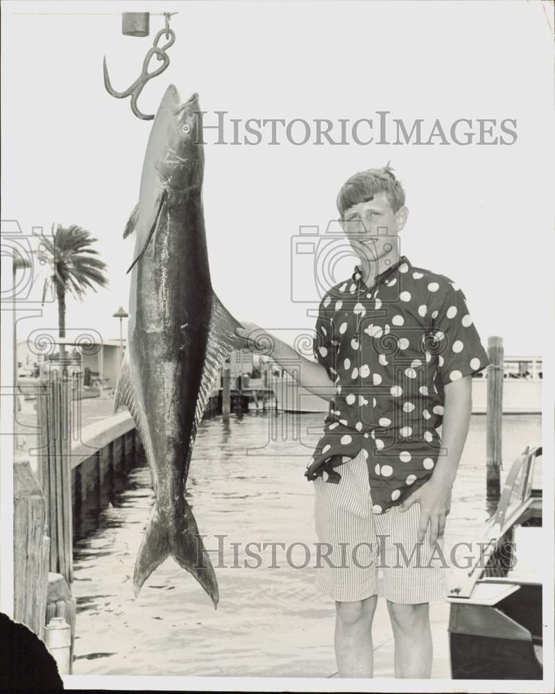 1966 Press Photo Andy Burns of NC with cobia fish he caught at Haulover Docks- Historic Images