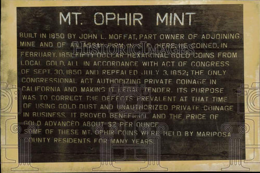 1982 Press Photo Historical marker of Mount Ophir Mint in Mariposa County- Historic Images