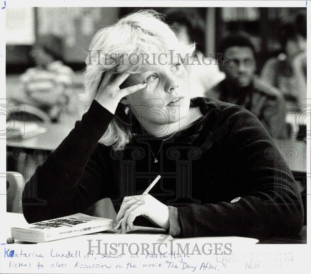 1983 Press Photo North High senior Katarina Lundell discusses &quot;The Day After&quot;- Historic Images