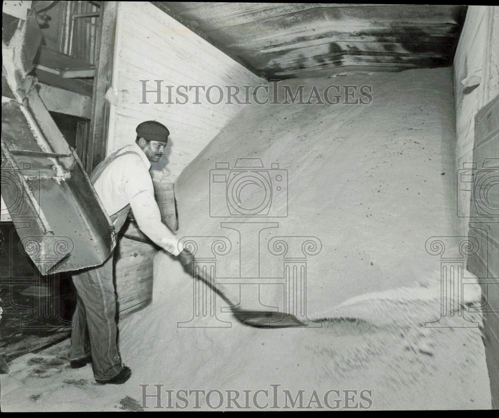 1959 Press Photo Raw sugar being loaded into freight cars for refining in Miami- Historic Images