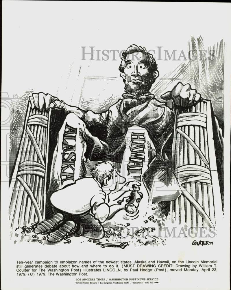 1979 Press Photo Cartoon portraying Lincoln Memorial and Alaska and Hawaii- Historic Images