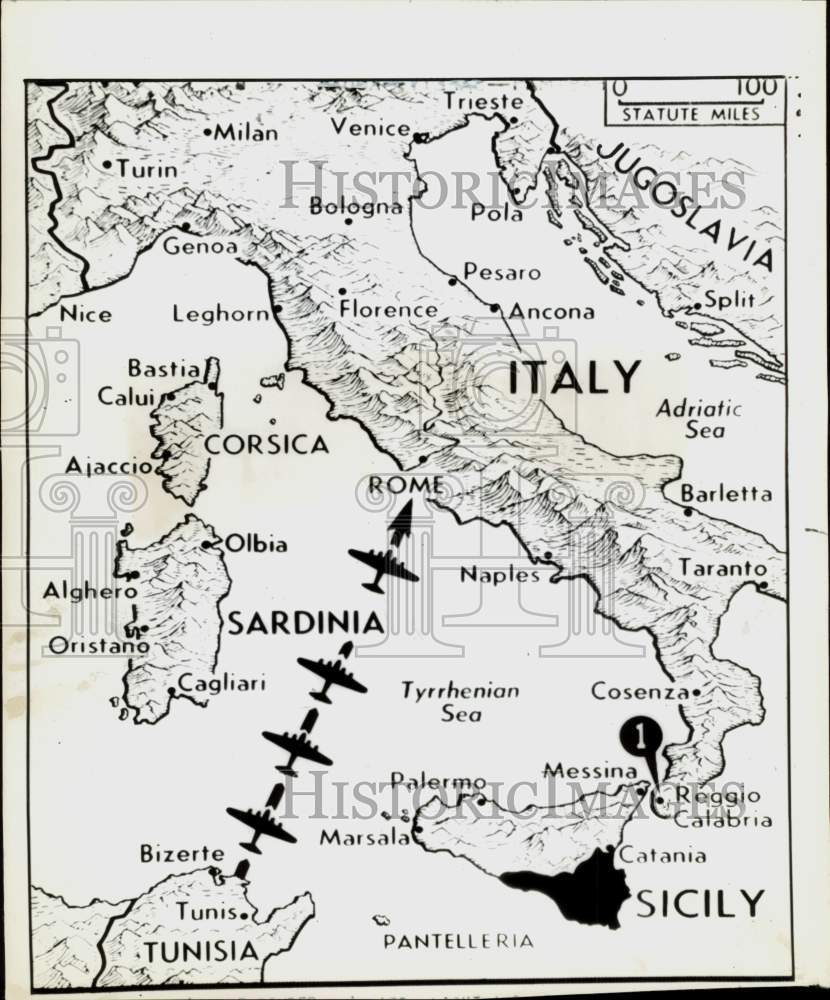 1943 Press Photo Route of Allied bombers in Rome and invasion forces on Sicily- Historic Images