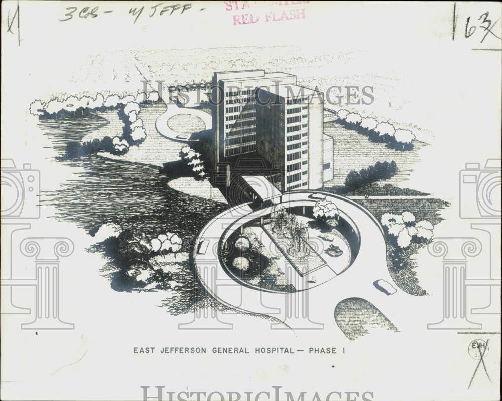 1966 Press Photo Artist&#39;s sketch of the East Jefferson Community Hospital- Historic Images