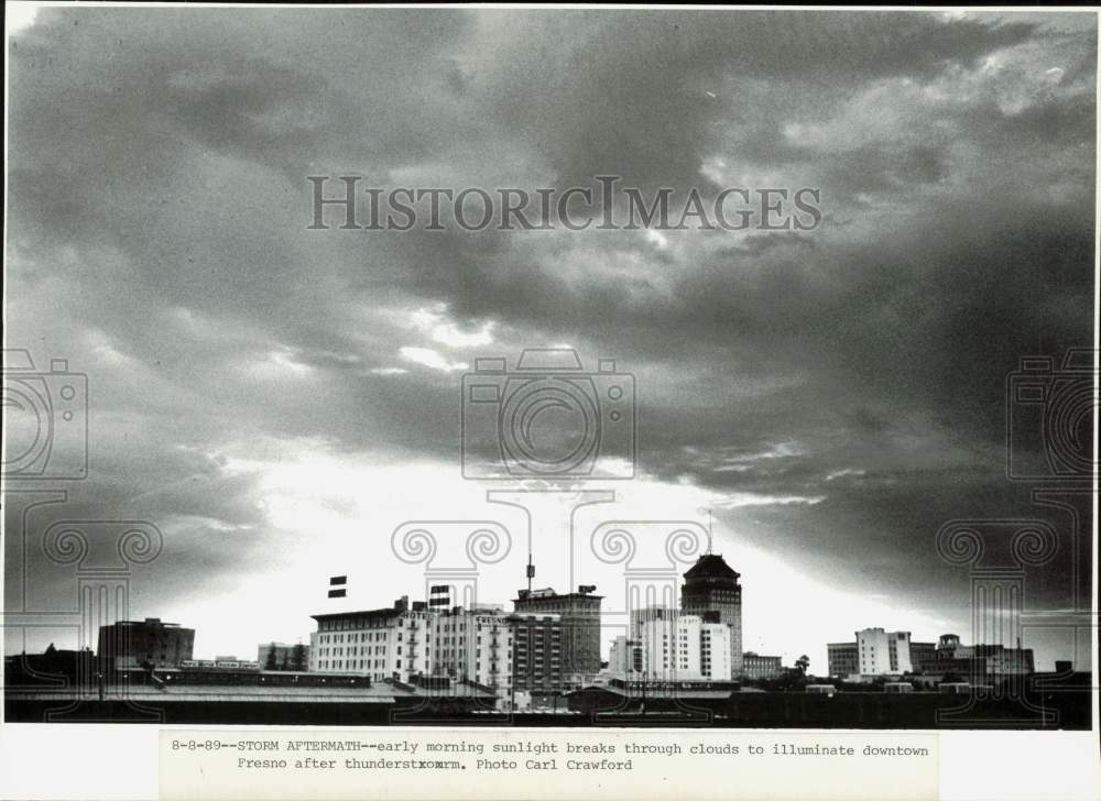 1989 Press Photo General view of the downtown Fresno skyline after thunderstorm- Historic Images