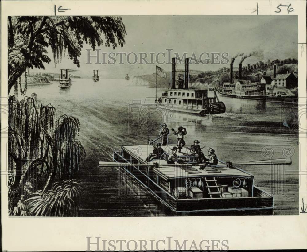 1953 Press Photo Drawing of steamboats sailing on the Mississippi River- Historic Images