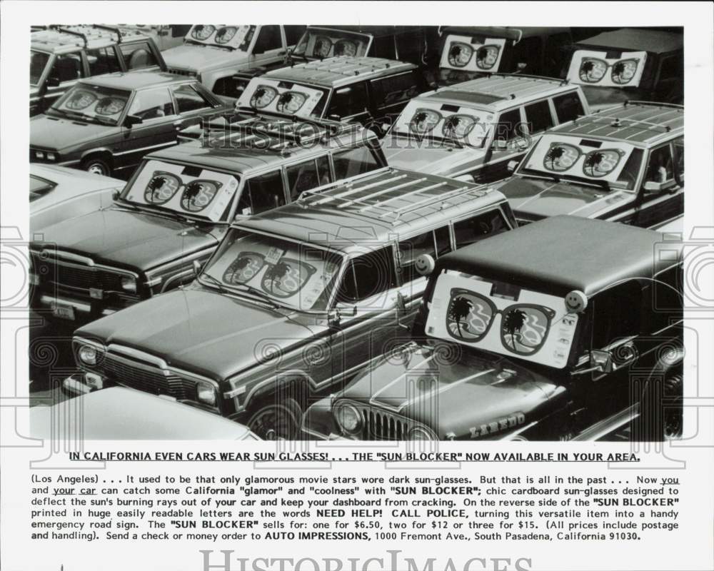 1986 Press Photo Vehicles with &quot;Sun Blocker&quot; cardboard sunglasses in California- Historic Images