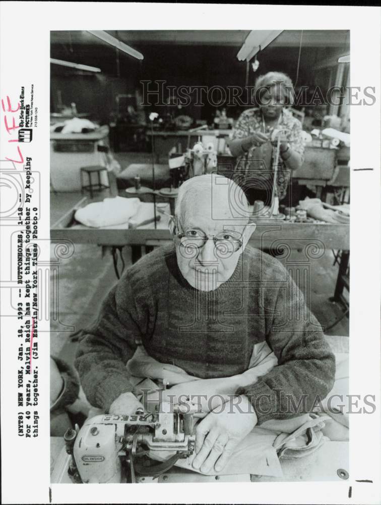 1993 Press Photo Melvin Reich sewing buttonholes in New York - lrb12782- Historic Images