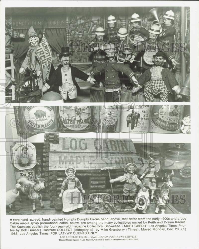 1985 Press Photo Hand-carved Humpty Dumpty Circus band &amp; Log Cabin, circa 1900- Historic Images